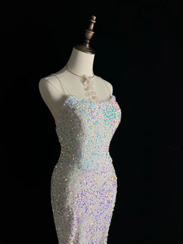 Sparkly White Spaghetti Straps Sequins Prom Dress Mermaid Slit Tassel Evening Dress Y8648