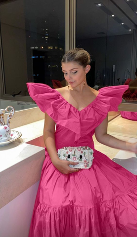 Chic A-line V Neck Pink Evening Dress Pink Formal Dress Y6131