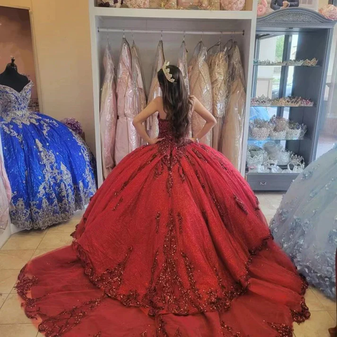 Robe de Quinceañera rouge ornée de sequins et de perles, décolleté cœur, robe de bal de princesse, modèle Y4257