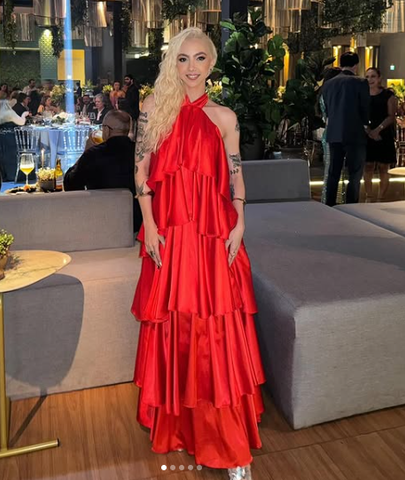 Sexy Halter Red Satin Tiered Prom Dress Formal Long Evening Dress Y8268