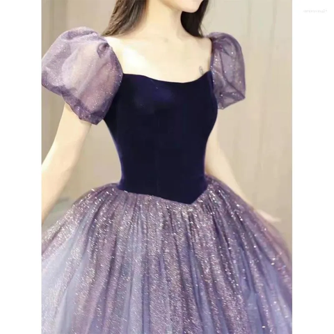 Purple Tulle Short Sleeve Formal Dress Cute A-Line Evening Dress Y4291