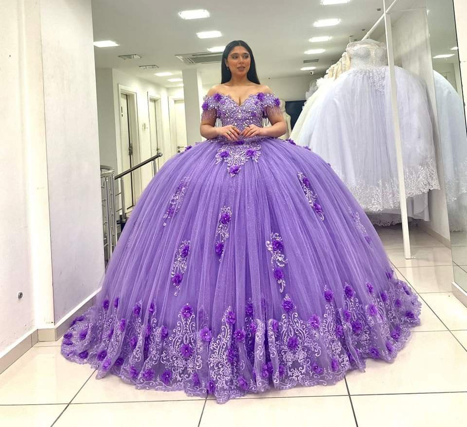 Vestido de quinceañera lila claro con hombros descubiertos, lujoso vestido de gala, vestido para dulces 15 Y4800