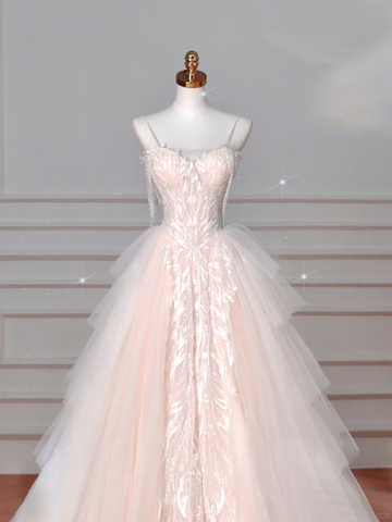 Classy Light Pink Tulle ALine Wedding Dress,Formal Prom Evening Dress Y8623