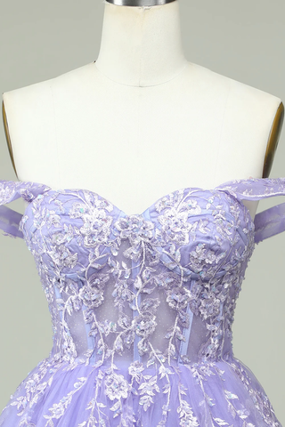 Robe de bal lilas à épaules dénudées et corset ornée d'appliqués Y2168