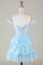 Vestido corto de fiesta de bienvenida con corsé azul brillante, encaje escalonado y corte en A Y4083