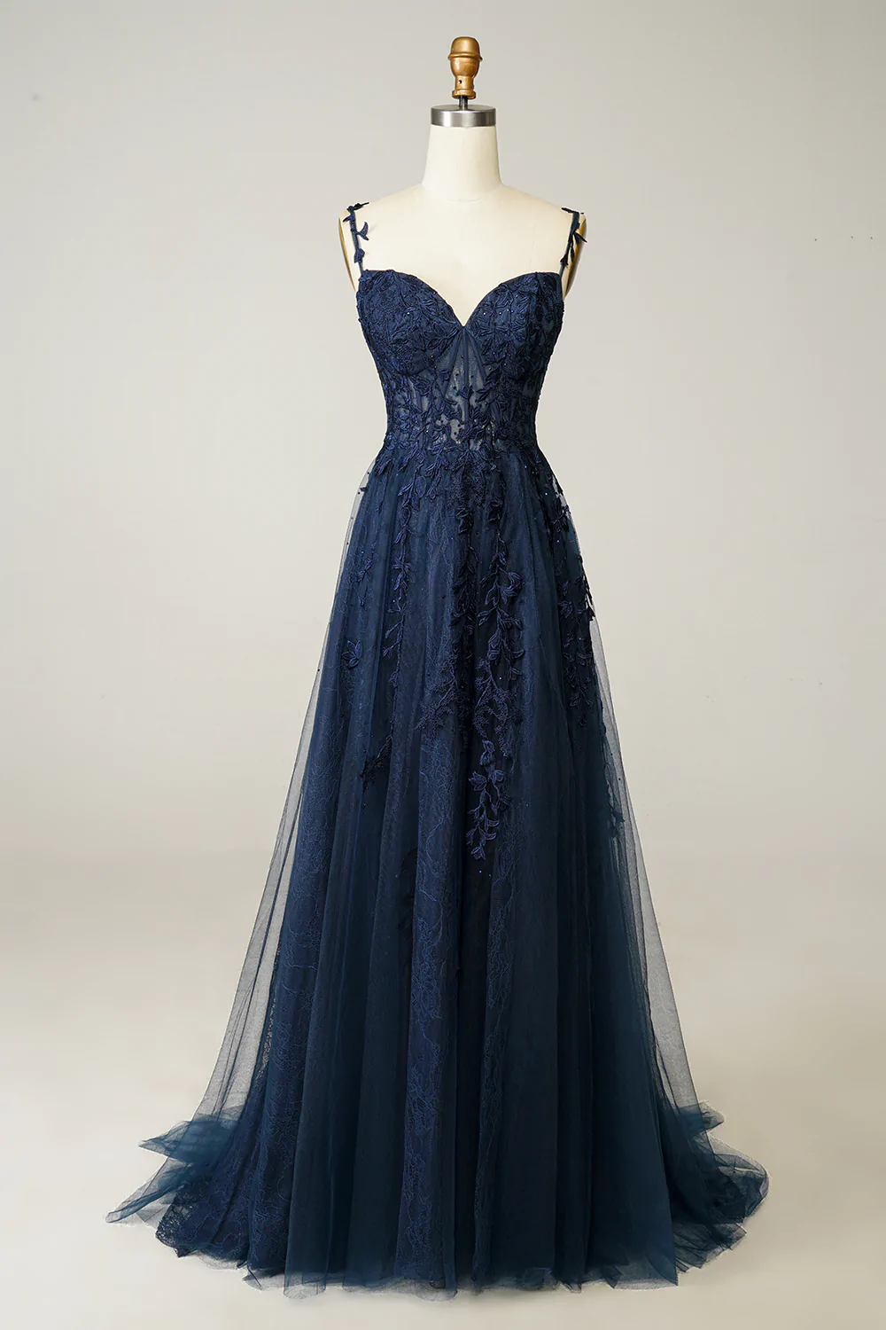Vestido de fiesta azul marino corte A, encaje y tul, modelo Y382