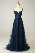 Vestido de fiesta azul marino corte A, encaje y tul, modelo Y382