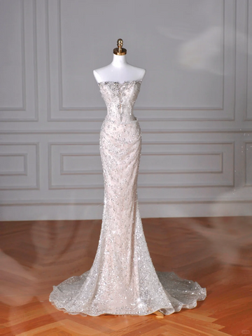 Vestido de noche largo de sirena con lentejuelas y tul sin tirantes brillante Y8616