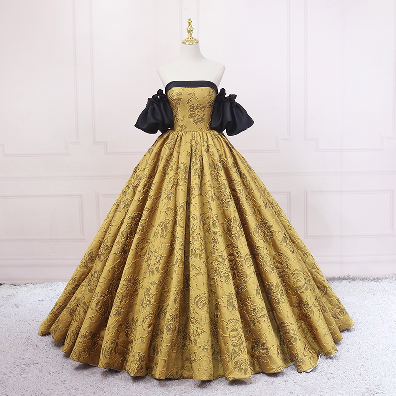 Vestido de novia dorado de estilo retro, corte ajustado, estilo vintage, vestido de baile s04