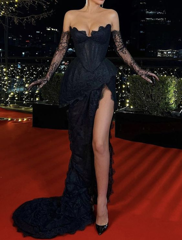 Robe de soirée vintage en dentelle noire, robe de gala noire Y1910