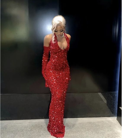 Vestido de fiesta largo de sirena con lentejuelas rojas y escote halter para chica negra Y7822