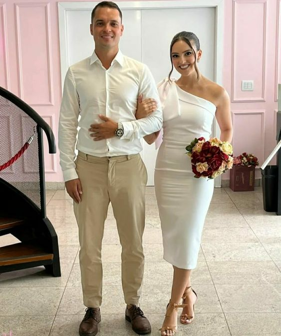 Robe de mariée courte blanche élégante à une épaule, robe de mariée blanche Y6942