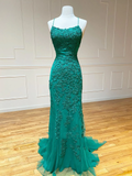Robe de bal sirène verte dos nu en dentelle, robe de soirée sirène verte dos nu en dentelle Y1365