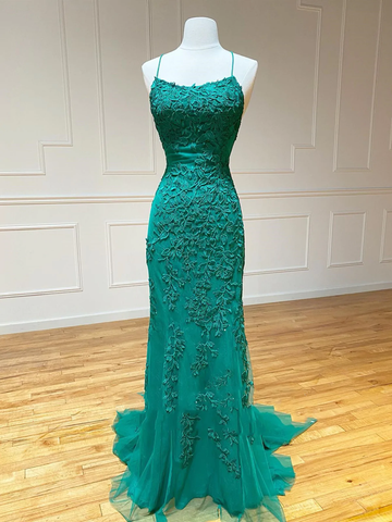 Vestidos de fiesta de sirena verdes con encaje y espalda descubierta, vestidos de noche formales de sirena verdes con encaje y espalda abierta Y1365