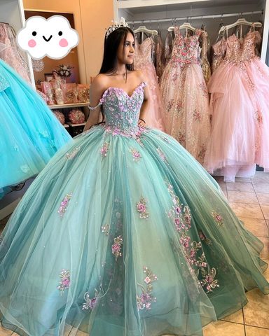 Vestido de quinceañera estilo princesa azul lago con flores 3D, hombros descubiertos, apliques y cuentas, largo maxi, modelo Y2632