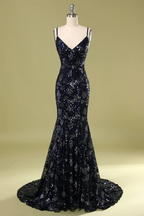 Vestido de noche azul marino con lentejuelas y cuentas, elegante vestido de graduación Y1832