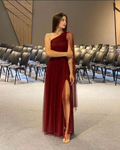 Precioso vestido de noche burdeos de un solo hombro, tul, lentejuelas y abertura, estilo baile de graduación Y7826