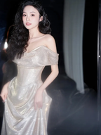Vestido de noche largo de sirena brillante con hombros descubiertos Y8185