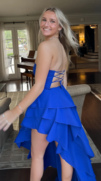 Sexy Royal Blue Long Prom Dress Strapless Ruffle Layered Party Evening Gown Y8026