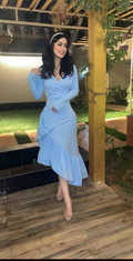 Elegante vestido de fiesta azul con escote en V estilo sirena, vestido de noche formal Y8181