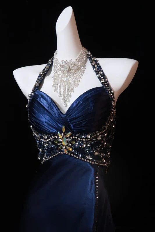 Robe de soirée bleu marine de luxe avec fente et perles, robe de bal formelle Y7723