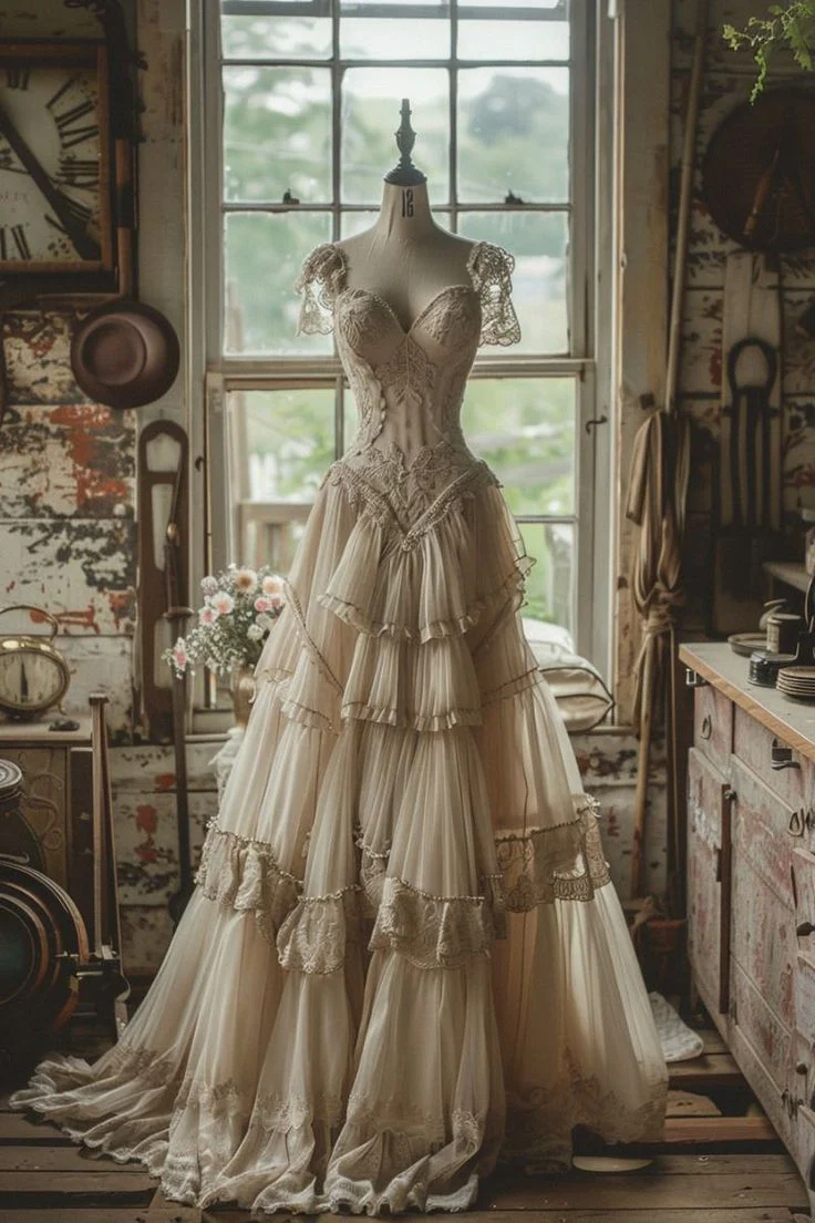 Robe de soirée élégante en mousseline et dentelle, coupe trapèze, style vintage, référence Y7720
