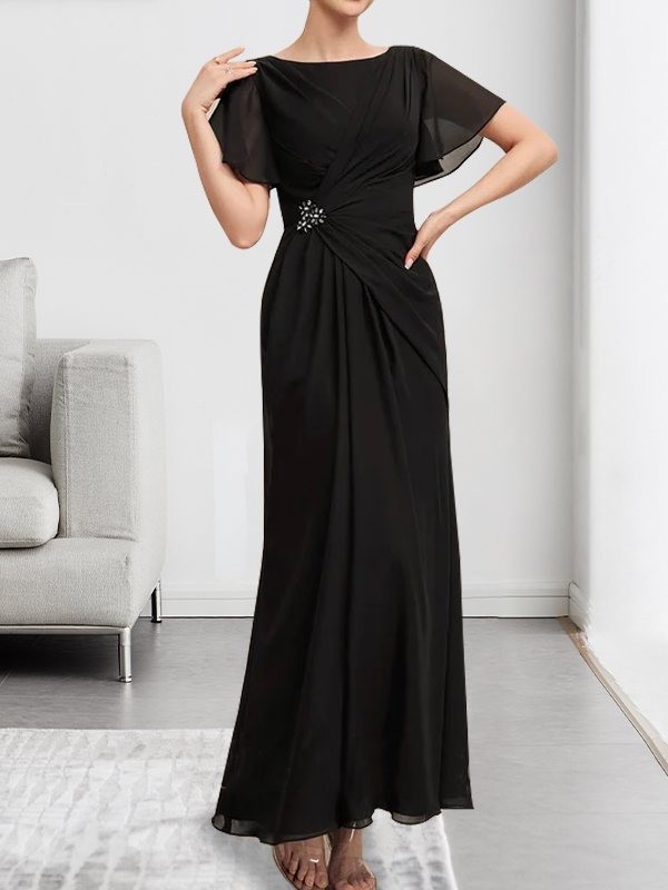 Vestido de gasa de corte A, escote redondo, largo hasta el tobillo, para la madre de la novia, con plisados ​​y cuentas.