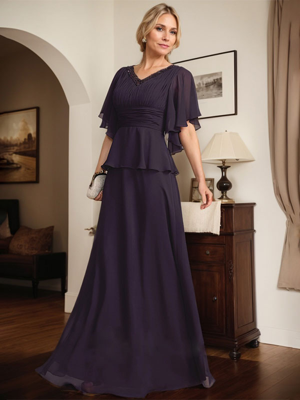 Vestido de gasa de corte A, escote en V, largo hasta el suelo, para la madre de la novia, con plisados ​​y cuentas.