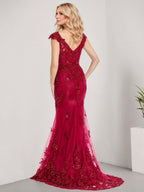 Vestido de sirena para la madre de la novia, corte sirena, escote en V, largo hasta el suelo, de gasa de encaje con apliques de lentejuelas. 