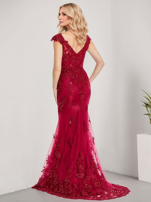Vestido de sirena para la madre de la novia, corte sirena, escote en V, largo hasta el suelo, de gasa de encaje con apliques de lentejuelas. 