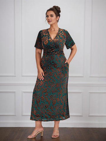 Robe vintage unie en velours, col V, manches courtes, longueur thé, idéale pour la mère de la mariée, avec fente. 