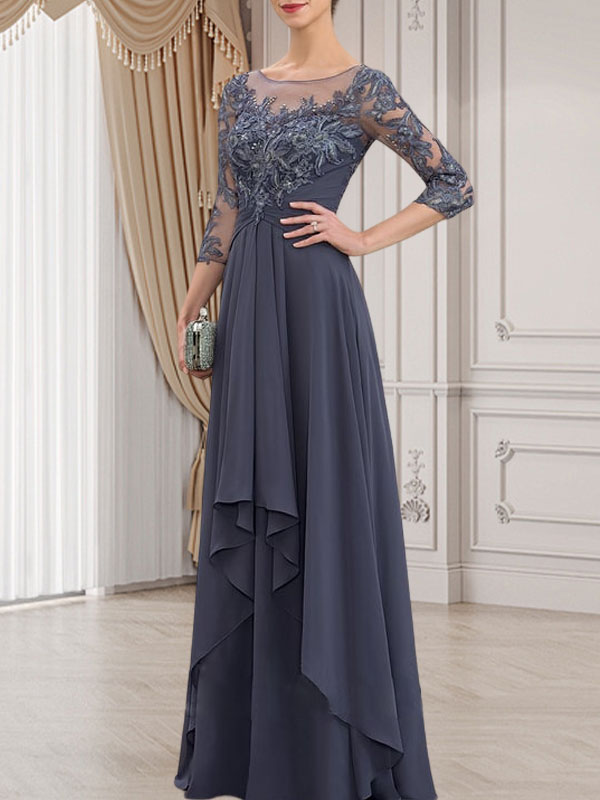 Robe de mariée en mousseline de dentelle, coupe trapèze, décolleté illusion, longueur au sol, avec volants cascade, idéale pour la mère de la mariée.