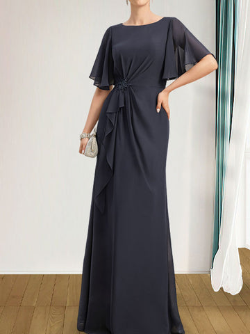 A-line Scoop Floor-Length Chiffon Mother of the Bride Dress With Cascading Ruffles Beading Sequins