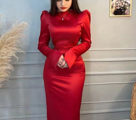 Modest Red Long Sleeves Evening Dress Simple Red Prom Dress Y6564