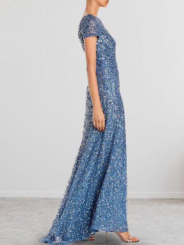 Dusty Blue Sequins Sheath Scoop Long Mother of the Bride Dress