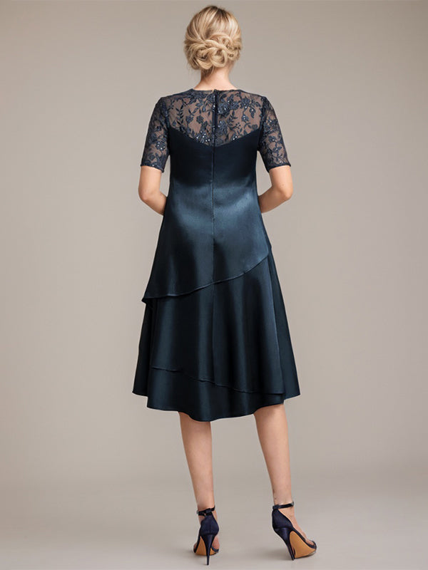 Vestido de corte A, escote redondo, largo hasta la rodilla, para la madre de la novia, con apliques y lentejuelas. 