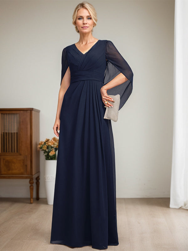 Vestido largo azul marino oscuro de corte A con escote en V para la madre de la novia
