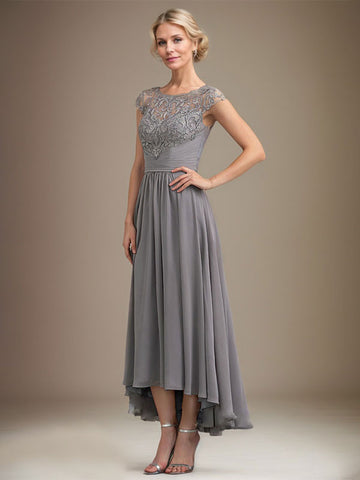 A-line Scoop Illusion Asymmetrical Lace Chiffon Mother of the Bride Dress With Pleated