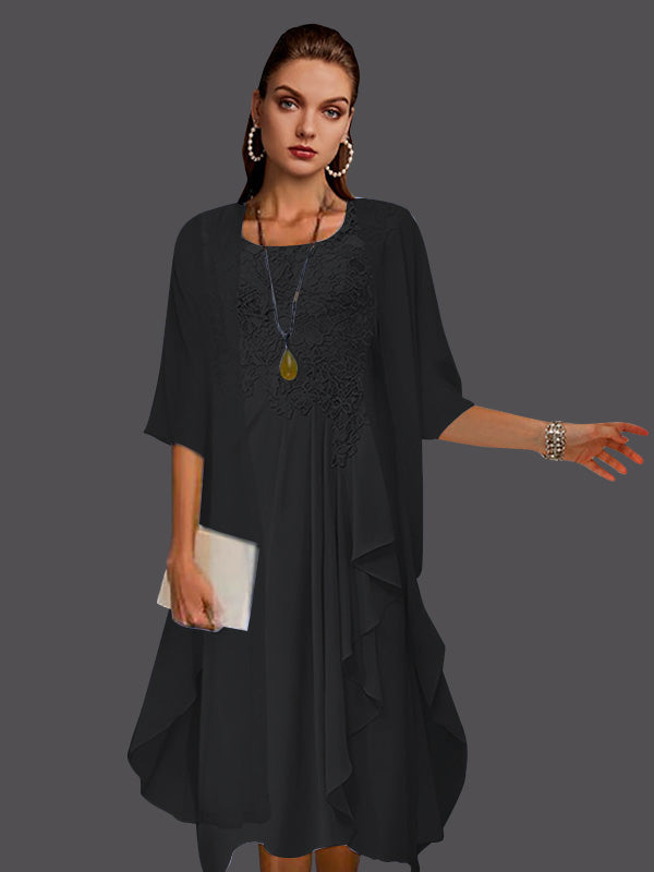 Vestidos de dos piezas de corte A, de gasa, encaje, sin mangas, con chaqueta, pliegues y apliques. 