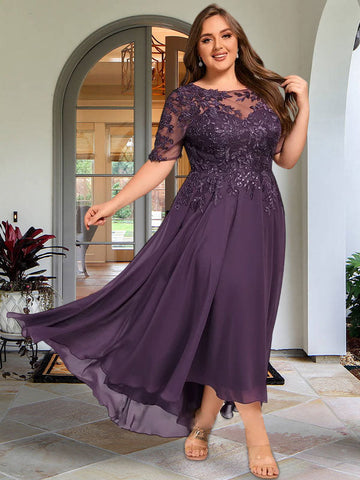 A-line Scoop Illusion Asymmetrical Chiffon Lace Mother of the Bride Dress With Sequins