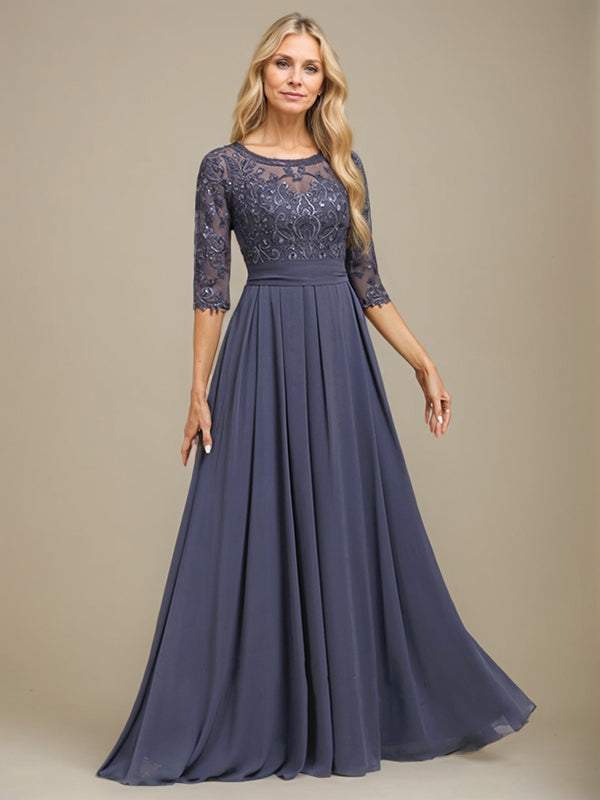 Vestido de corte A, escote redondo, largo hasta el suelo, de gasa de encaje con apliques de lentejuelas para la madre de la novia. 