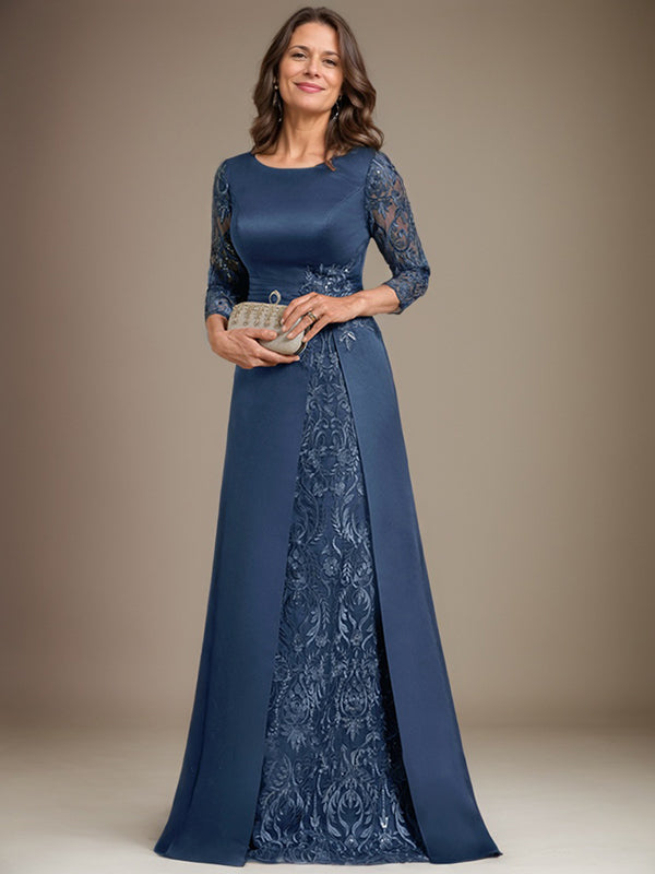 Robe de mère de la mariée en satin de dentelle, coupe trapèze, longue jusqu'au sol, ornée d'appliqués, avec décolleté plongeant et bretelles.