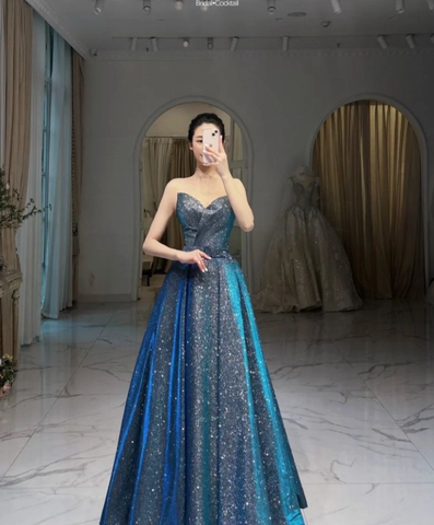 Vestido de noche azul brillante corte A, vestido de princesa azul Y4982