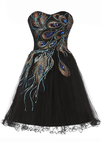 Chic Tulle Satin Beaded Sweetheart Neckline A-Line Short Cocktail Dress Black Homecoming Dress Y8483