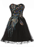 Chic Tulle Satin Beaded Sweetheart Neckline A-Line Short Cocktail Dress Black Homecoming Dress Y8483