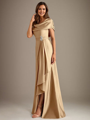 A-Line Scoop Floor-Length Stretch Satin Mother of the Bride Dress With Cascading Ruffles