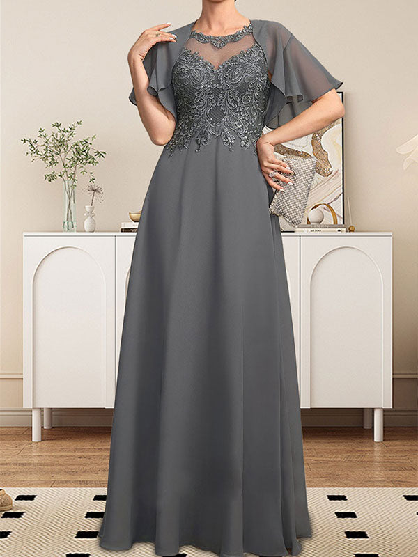 Robe de mère de la mariée en mousseline de dentelle, coupe trapèze, décolleté illusion, longueur au sol, ornée de sequins