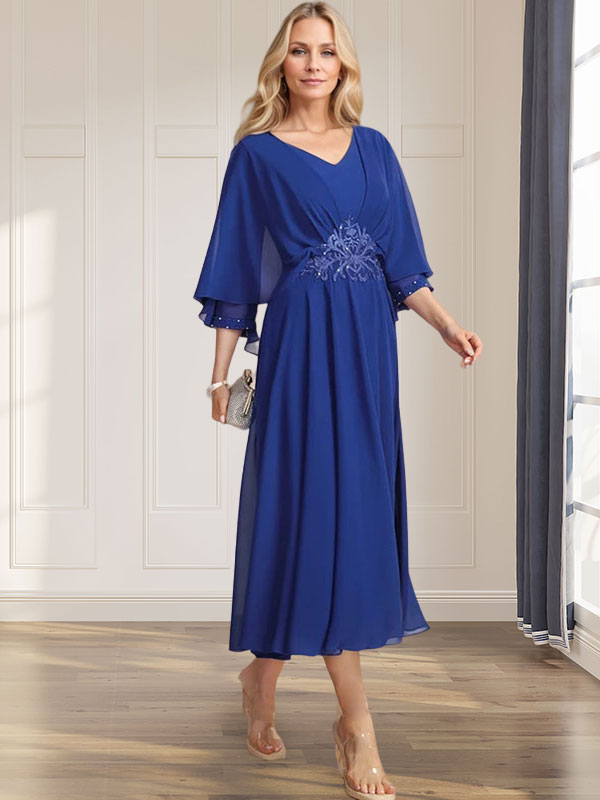Vestido de corte A, escote en V, largo té, de gasa, para la madre de la novia, con apliques de lentejuelas plisadas, encaje y cuentas. 