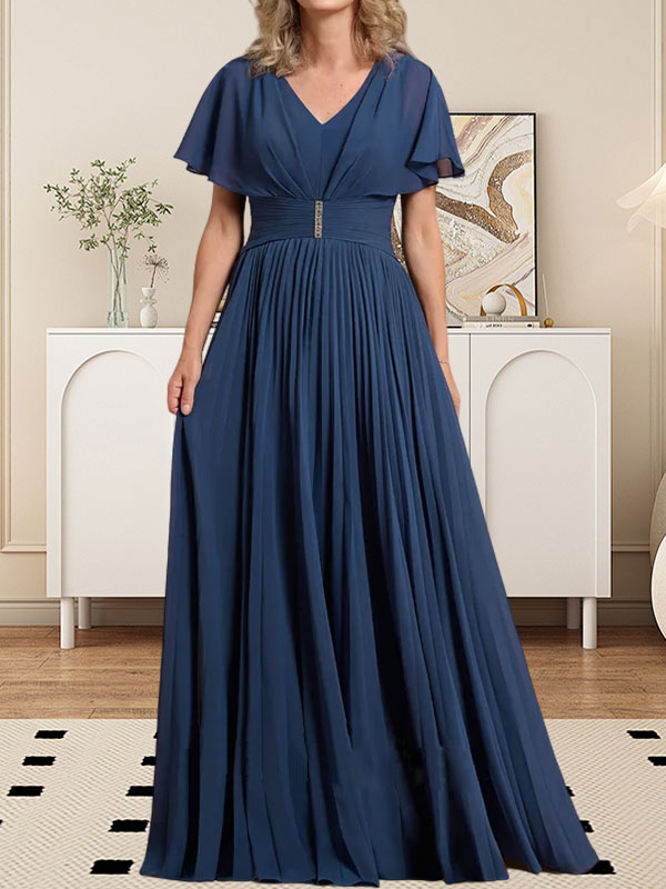 Vestido de gasa de corte A, escote en V, largo hasta el suelo, para la madre de la novia, con broche de cristal y pliegues. 