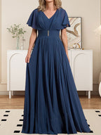 Vestido de gasa de corte A, escote en V, largo hasta el suelo, para la madre de la novia, con broche de cristal y pliegues. 